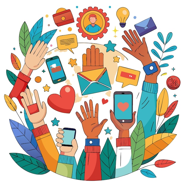 Colorful illustration of hands with devices and communication symbols