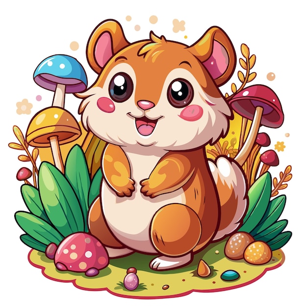 Colorful illustration of Happy Hamster with mushrooms