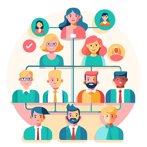 A colorful illustration of a hierarchical organizational structure with diverse people