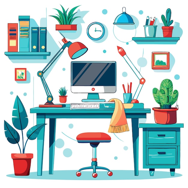 A colorful illustration of a home office desk with a computer lamp plants and other office supplies