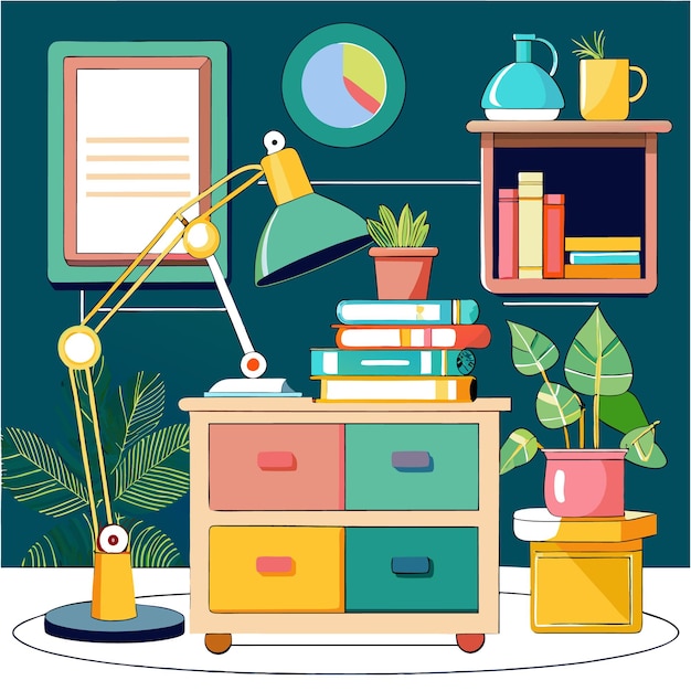 Vector a colorful illustration of a home office with a desk lamp books plants and a clock