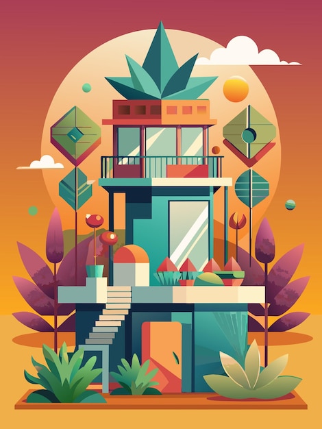 Vector a colorful illustration of a house with a staircase and trees