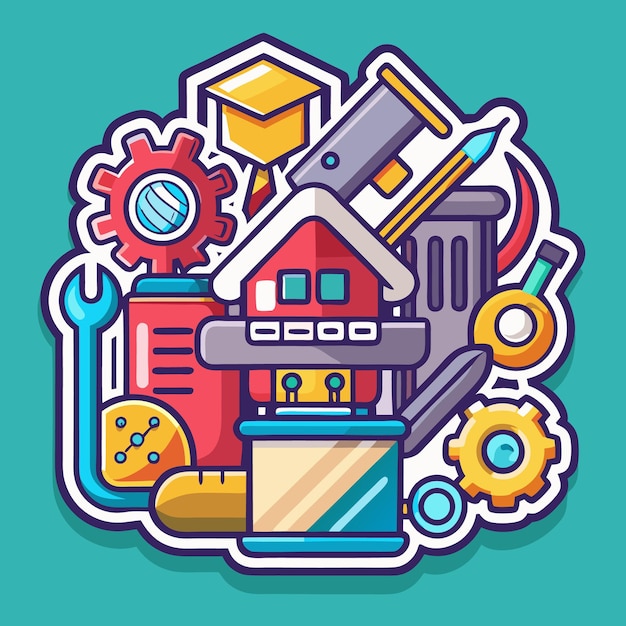 Colorful illustration of a house with various icons and symbols