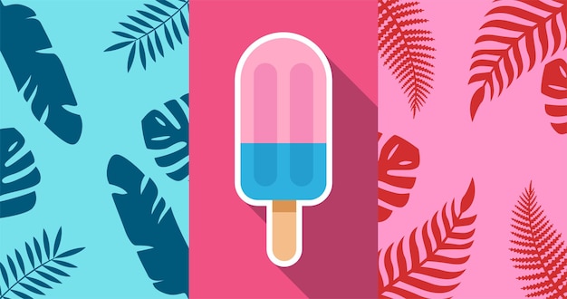 Vector a colorful illustration of an ice cream cone with palm leaves