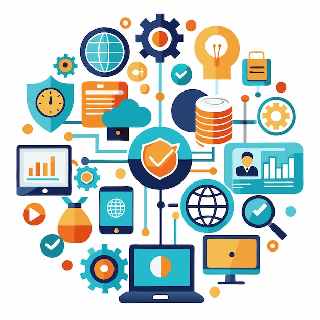 A colorful illustration of internet and technology with icons of a computer tablet smartphone globe cloud gear magnifying glass check marks and other objects