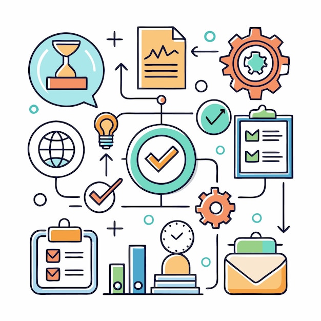 Vector a colorful illustration of an intricate flowchart with various icons and symbols representing business processes project management and workflow