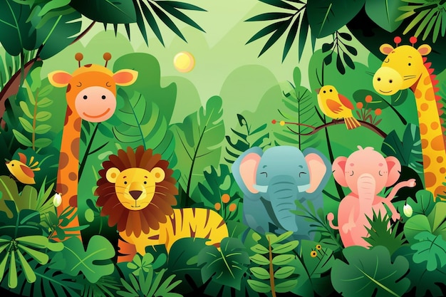 a colorful illustration of a jungle with different animals and plants