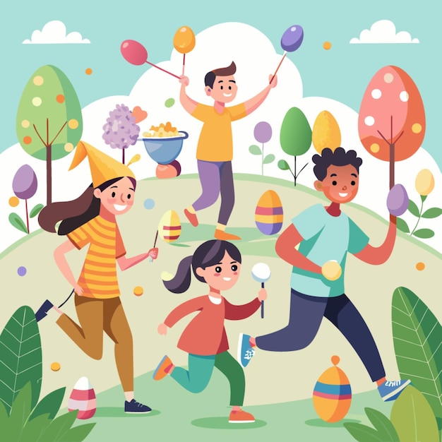 a colorful illustration of kids playing with balloons and trees