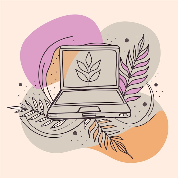 a colorful illustration of a laptop with a leaf on it