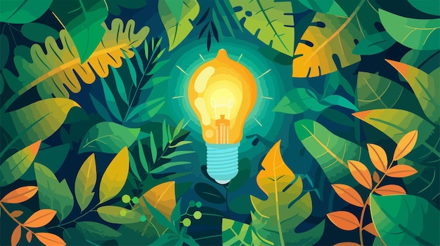 a colorful illustration of a light bulb with leaves and plants