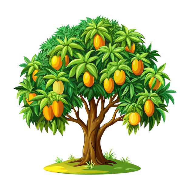 Vector colorful illustration of a lush mango tree with ripe fruits and vibrant green leaves