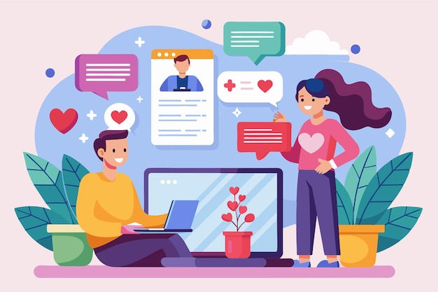 Vector colorful illustration of a man on a laptop using an online dating service with a woman smiling beside him online dating customizable flat illustration