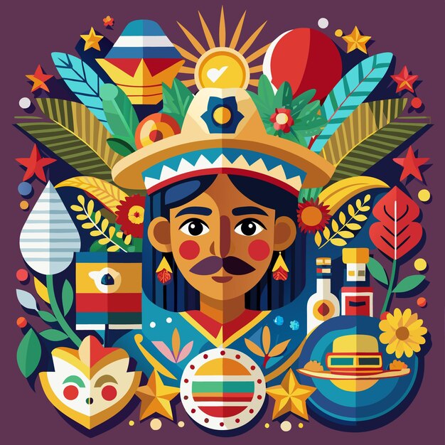 Vector colorful illustration of a man wearing a hat and a mustache with flowers and stars around him