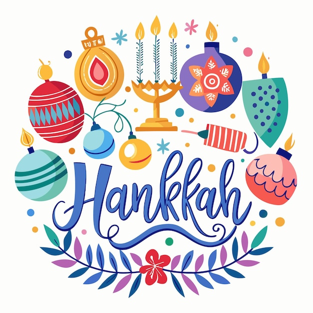 Vector colorful illustration of a menorah with candles dreidels and the word quothanukkahquot