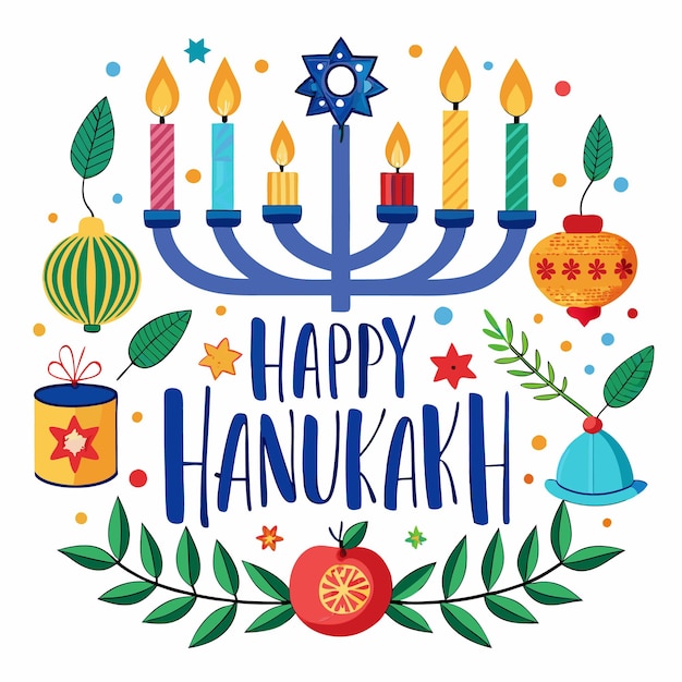 Colorful illustration of a menorah with candles and festive Hanukkah symbols