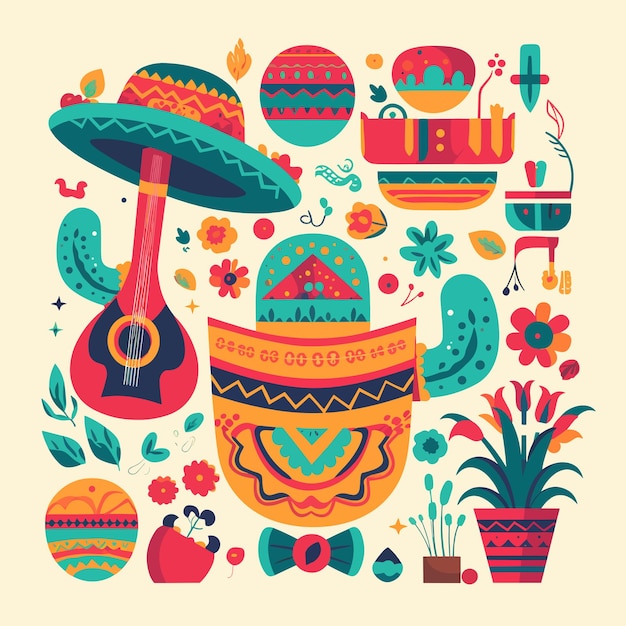 A colorful illustration of mexican symbols.