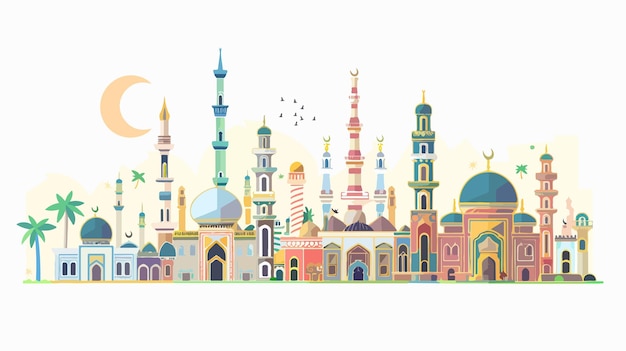 a colorful illustration of a mosque with a colorful background