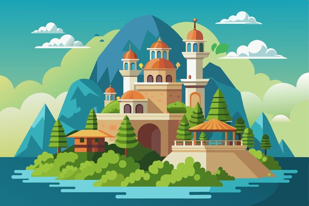 Vector a colorful illustration of a mosque with a lake and mountains in the background