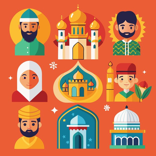 Vector colorful illustration of a mosque with muslims people in flat style