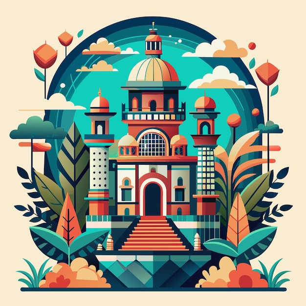 a colorful illustration of a mosque with a picture of a mosque