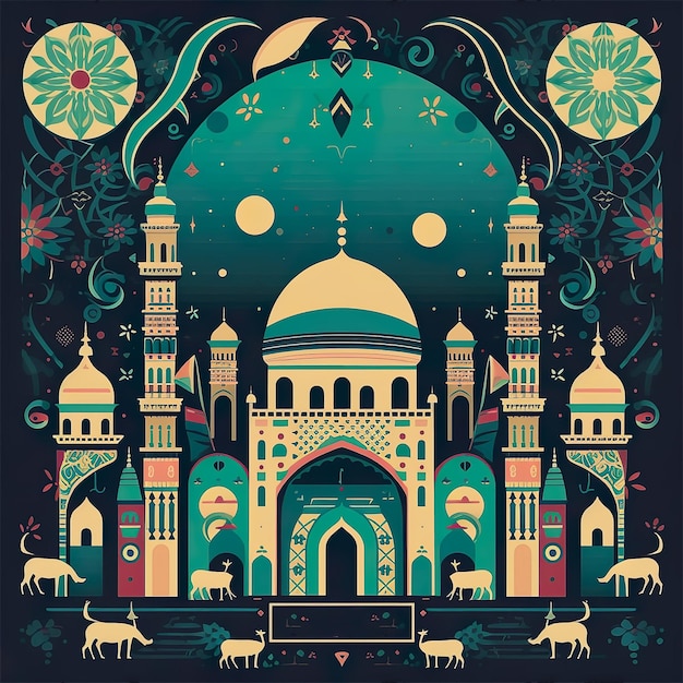 A colorful illustration of a mosque