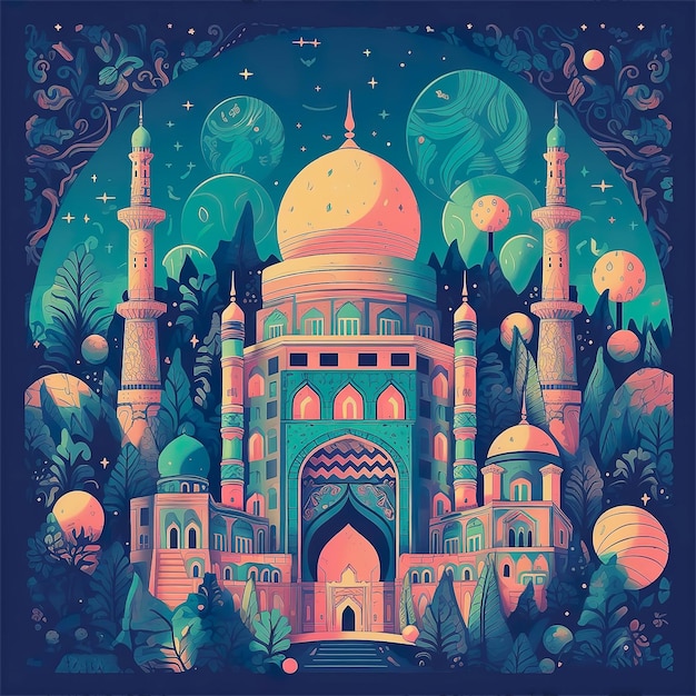 A colorful illustration of a mosque