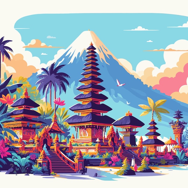 a colorful illustration of a mountain with a mountain in the background