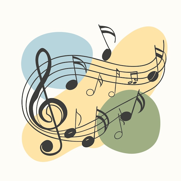 a colorful illustration of music notes and a blue and green background