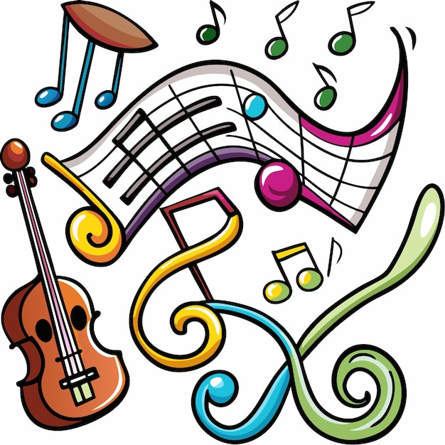 Vector colorful illustration of musical notes a violin and a treble clef