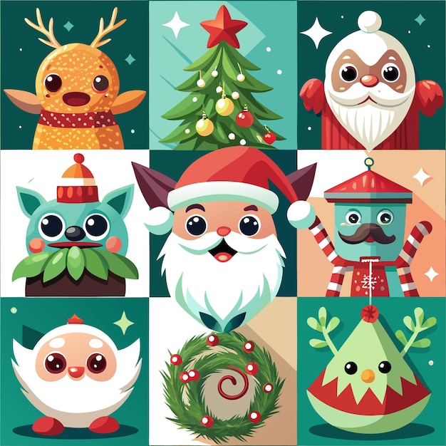 A colorful illustration of nine festive characters including a reindeer a cat a snowman a Christmas tree a Santa Claus a wreath a toy robot and two birds