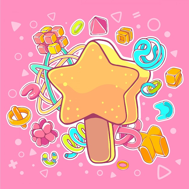  colorful illustration of orange ice cream star on pink background with abstract elements.