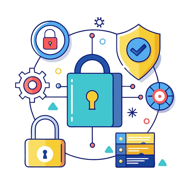 a colorful illustration of a padlock and a padlock with a blue padlock