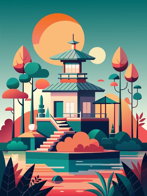 Vector a colorful illustration of a pagoda by the lake