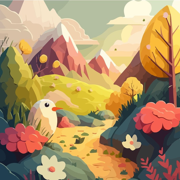 A colorful illustration of a path with a bird on it