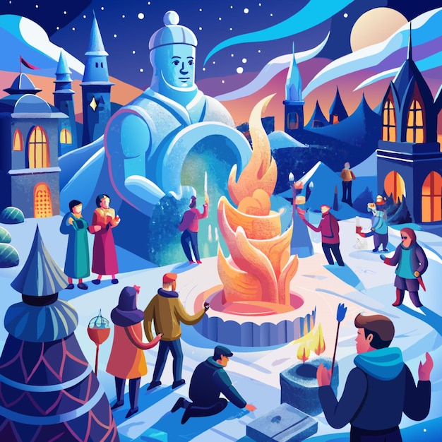 Vector a colorful illustration of people in front of a snow - covered city scene