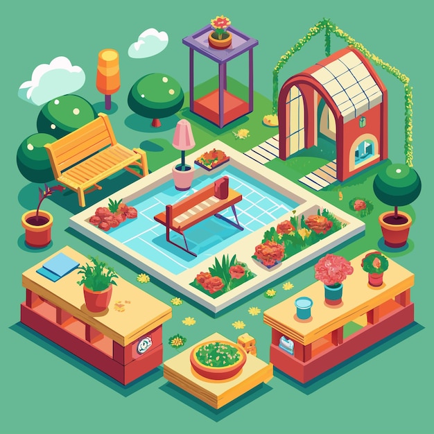 a colorful illustration of a pool with a pool and a piano