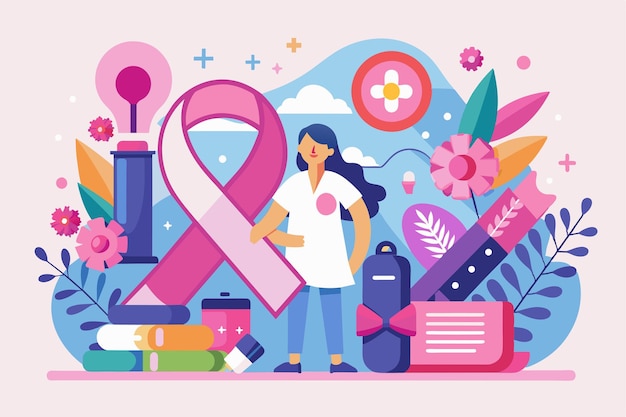 Vector a colorful illustration promotes cancer awareness with a pink ribbon flowers and supportive symbols emphasizing hope and health