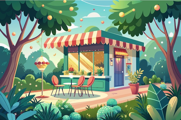 Colorful illustration of a quaint outdoor cafe nestled among lush greenery and trees featuring a blue storefront with a striped awning outdoor seating with red chairs