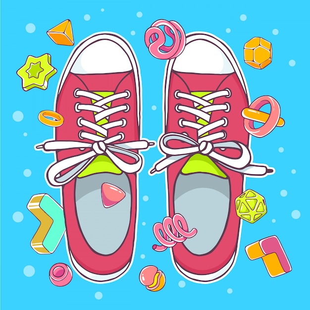  colorful illustration of red gumshoes on blue background with abstract elements.