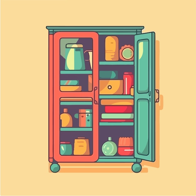 A colorful illustration of a refrigerator with the door open.