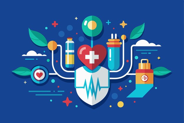 Vector a colorful illustration representing healthcare concepts including medical symbols heart health and various healthcare elements surrounded by nature in a modern cityscape