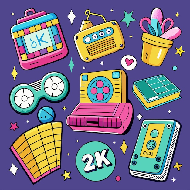 Vector a colorful illustration of retro 80s style tech items like a cassette tape camera radio and a gaming controller