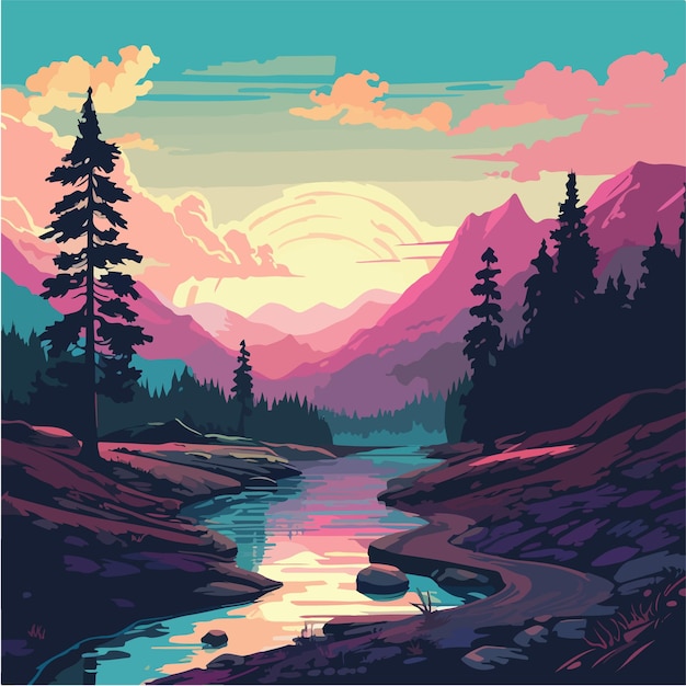 A colorful illustration of a river with mountains in the background.