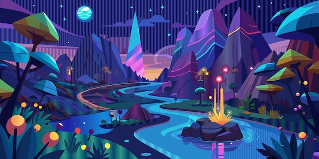 a colorful illustration of a river with mountains and trees