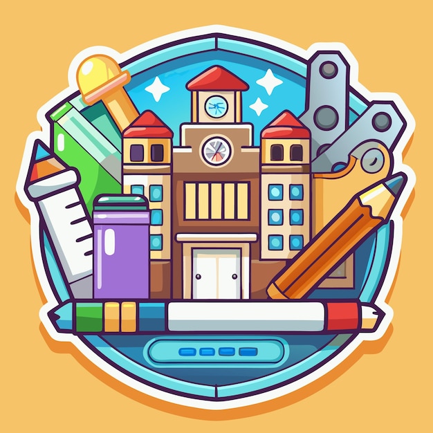 A colorful illustration of a school building with various school supplies around it