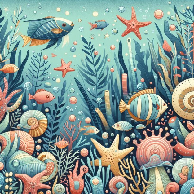 a colorful illustration of a sea scene with sea creatures and corals