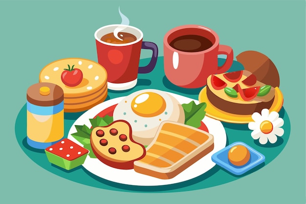 Vector a colorful illustration showcases a variety of breakfast foods including pancakes eggs and coffee customizable cartoon illustration of breakfast food