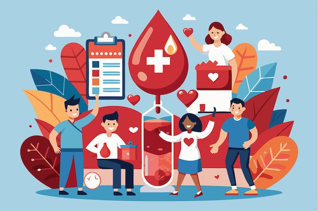 A colorful illustration showcasing a community blood donation event with volunteers and blood bags in a lively setting Frozen food illustration that can be customized