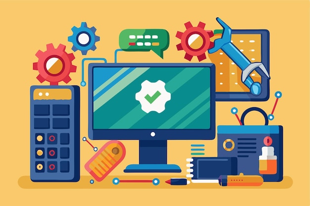 A colorful illustration showcasing various computer troubleshooting tools and elements essential for tech support Computer troubleshooting illustration customizable and flat