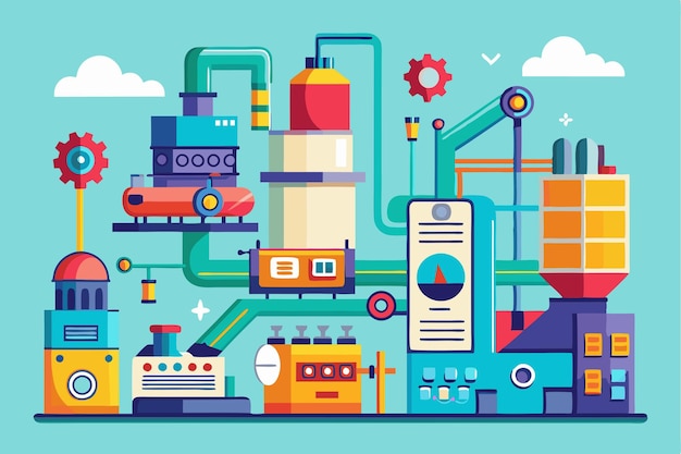 Vector a colorful illustration showing a customizable manufacturing process with various machines and pipes manufacturing process customizable flat illustration